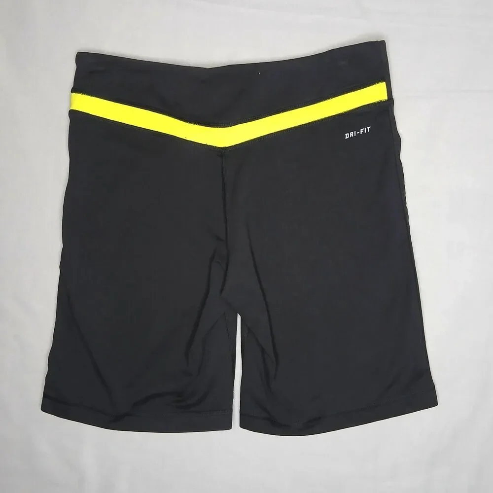 Nike Dri-fit Bike Shorts Long Athletic Workout Stretch Black Yellow Womens Med